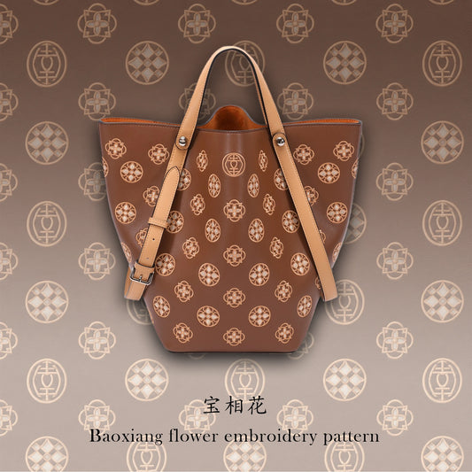 Luxury Chinese Embroidery Leather Tote Bag with Baoxiang Flower Pattern