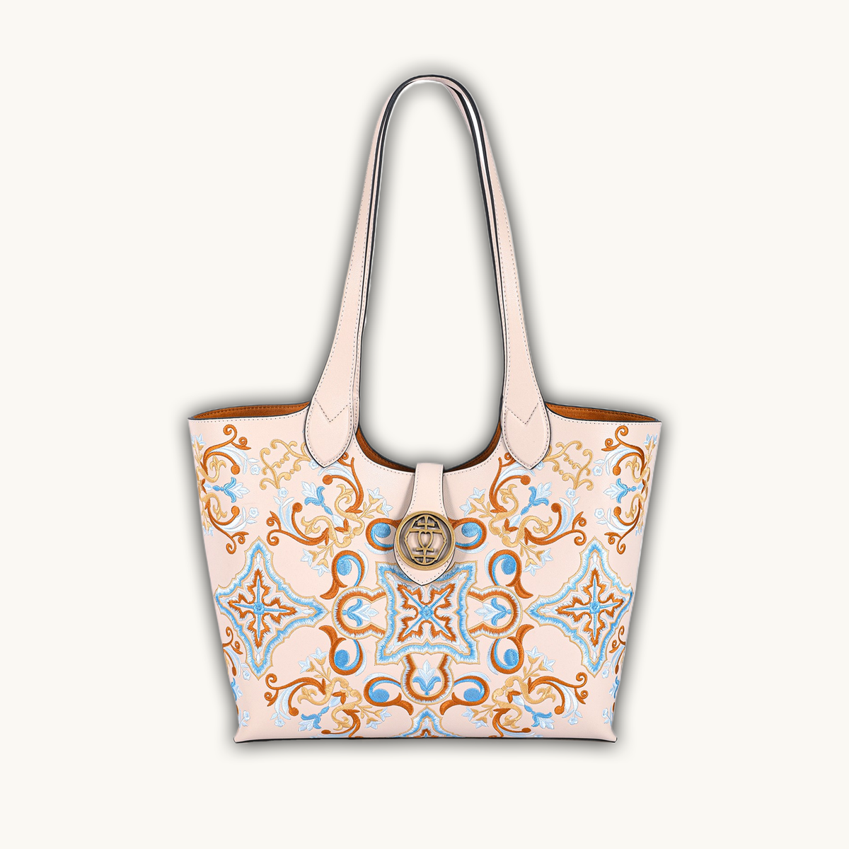 Handmade Chinese Floral Embroidered Genuine Leather Tote Bag