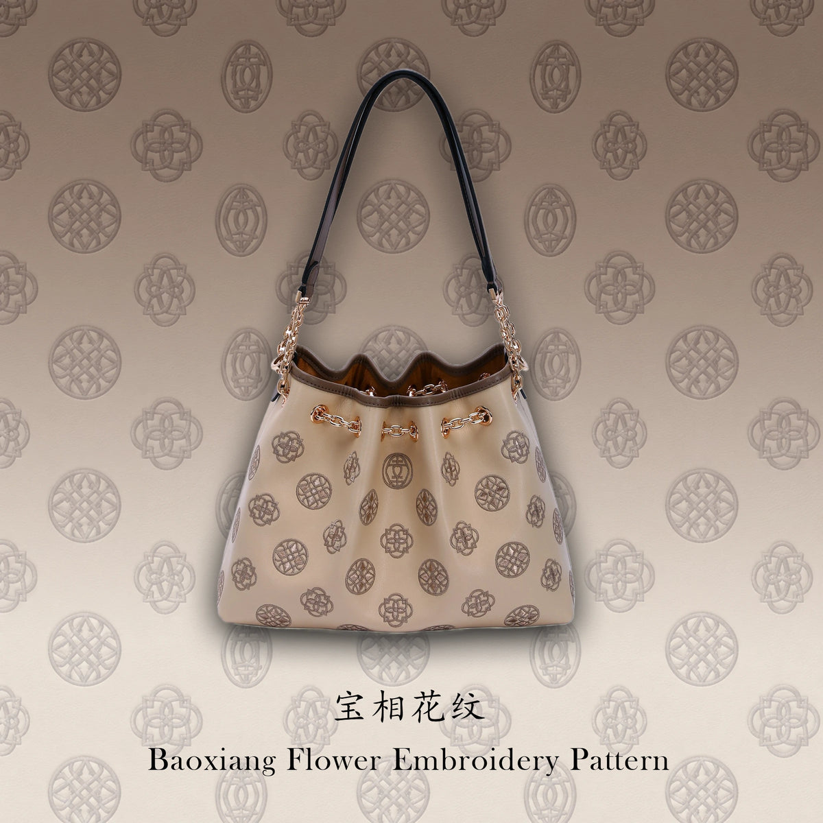 Oriental Luxury Chinese Embroidered Leather Tote Bag with Tang Dynasty Baoxiang Flower Motif