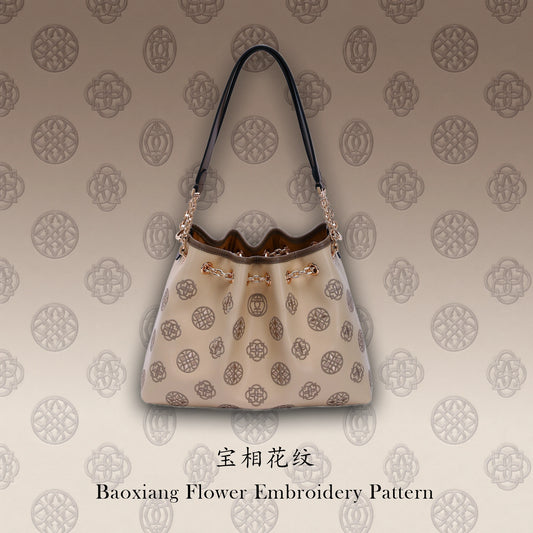 Oriental Luxury Embroidered Leather Tote Bag with Tang Dynasty Baoxiang Flower Motif