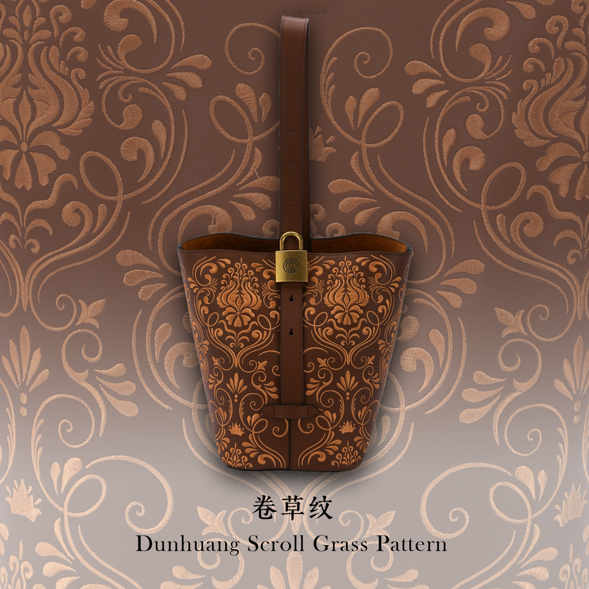 Luxury Dunhuang Scroll Vine Leather Bucket Bag Chinese Suzhou Embroidery Shoulder Bag