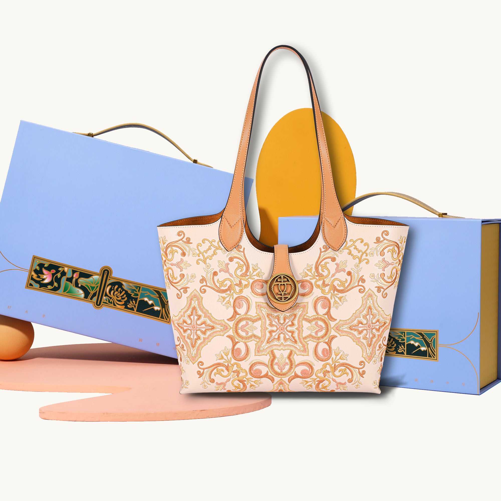 Blush Floral Embroidered Genuine Leather Tote Bag