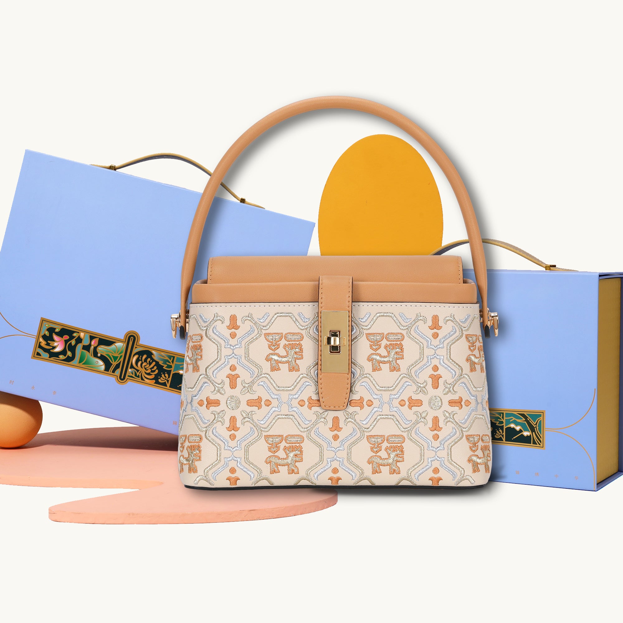 Luxury New Chinese Style Embroidery Genuine Leather Top-Handle Bag