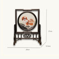 Load image into Gallery viewer, Double-sided embroidery of a brown and white Pekingese dog standing on a rock in a circular frame within a rectangular hardwood screen stand
