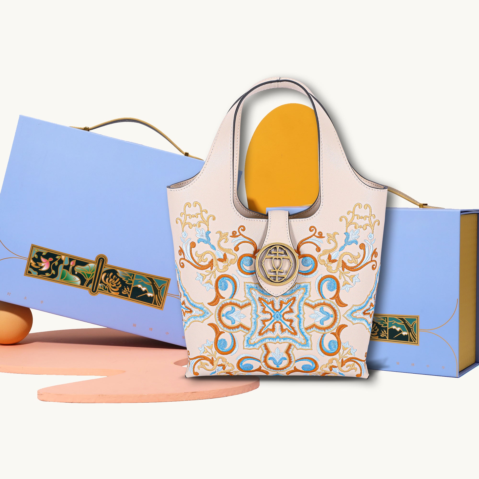 Dunhuang Scroll Grass Motif Embroidered Genuine Leather Tote Bag