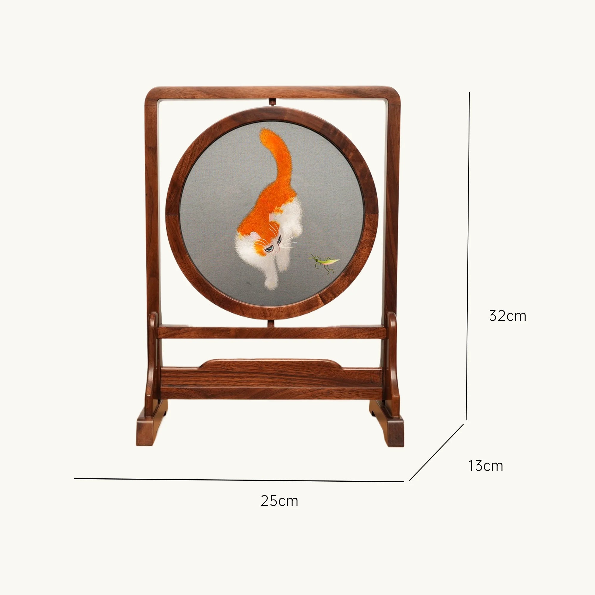 Museum Quality Double-Sided Cat Embroidery · Two-Tone Feline Art on Hardwood Stand