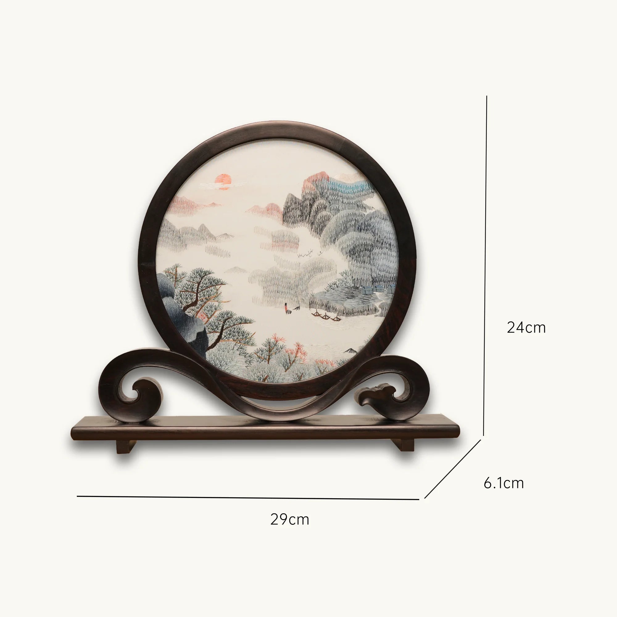 Round double-sided embroidery on carved rosewood stand depicting Chinese mountain landscape with pine trees, red sun, and river boats on silk