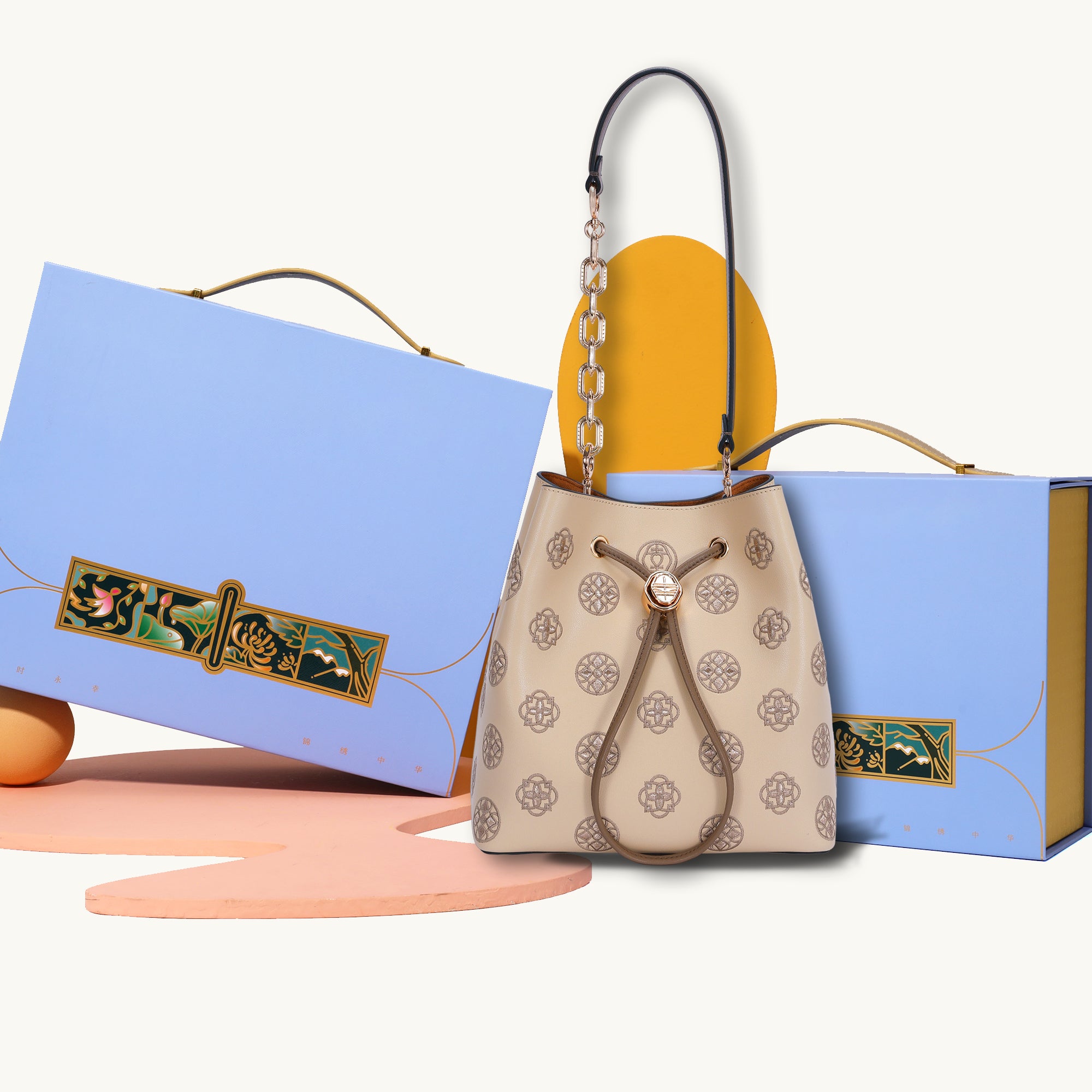 Embroidered Genuine Leather Bucket Bag with Chain Strap