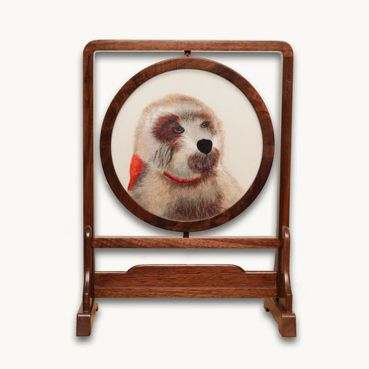 Reverse side of double-sided Suzhou embroidery animal art displayed in a handcrafted wooden frame