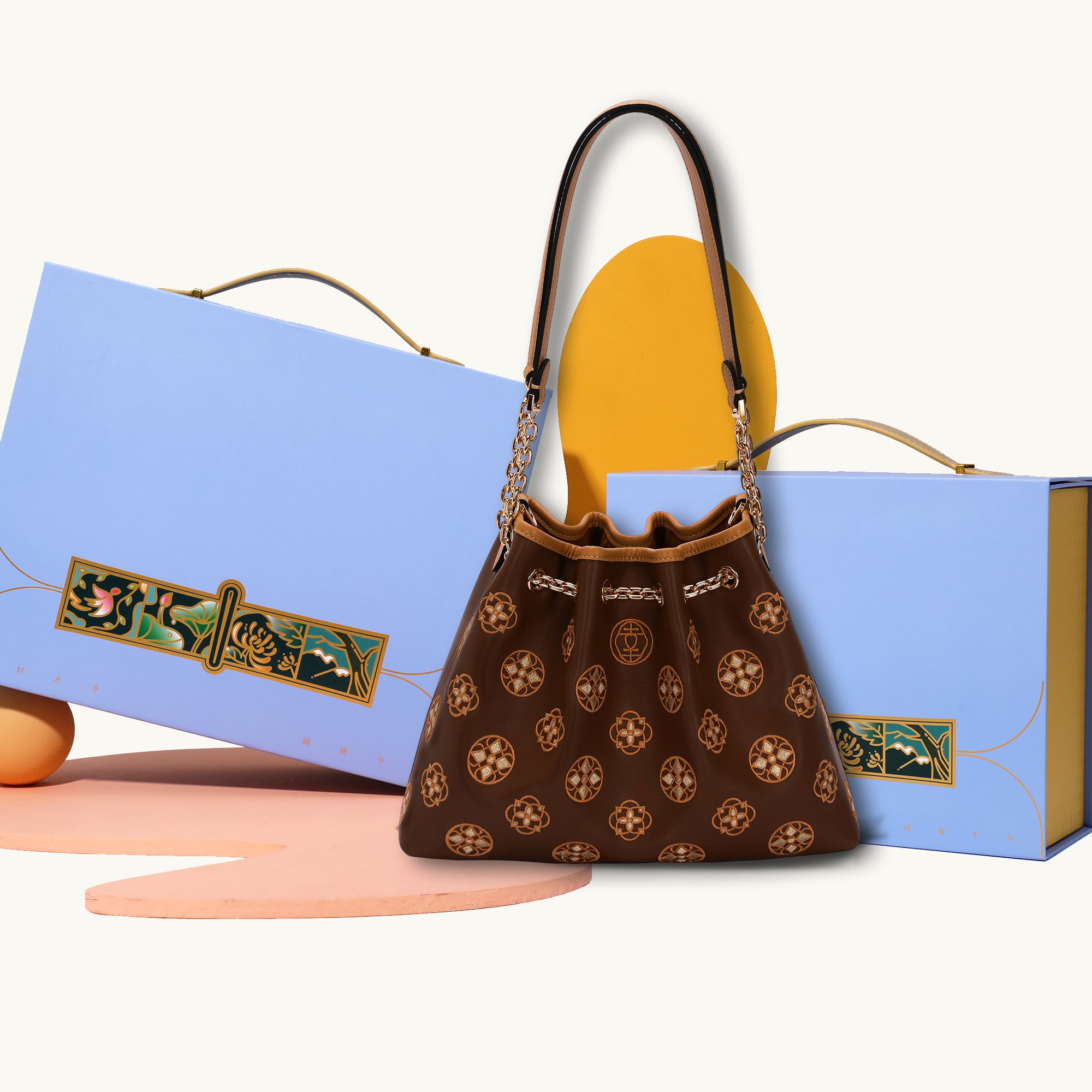 Intangible Cultural Heritage Embroidered Genuine Leather Drawstring Bucket Bag