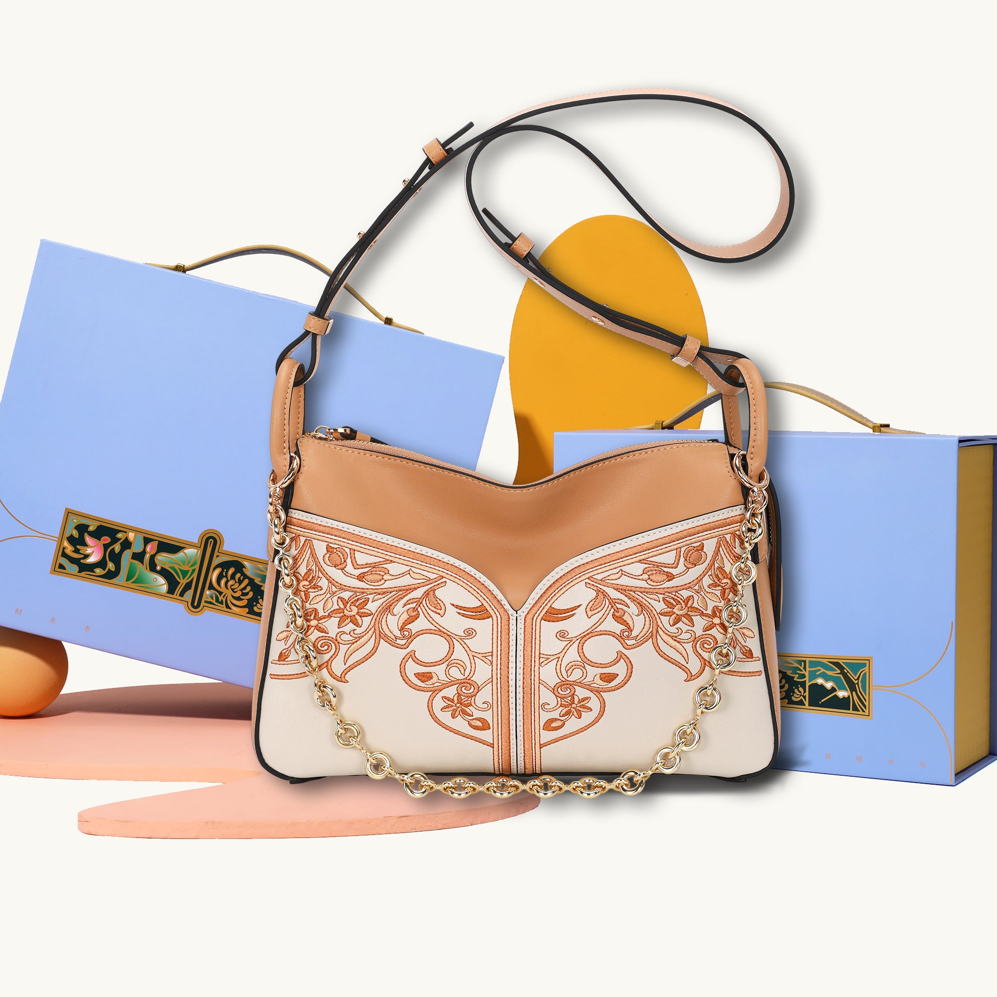 Artisan Hand-Embroidered  Leather Floral Crossbody Bag with Chain Detail