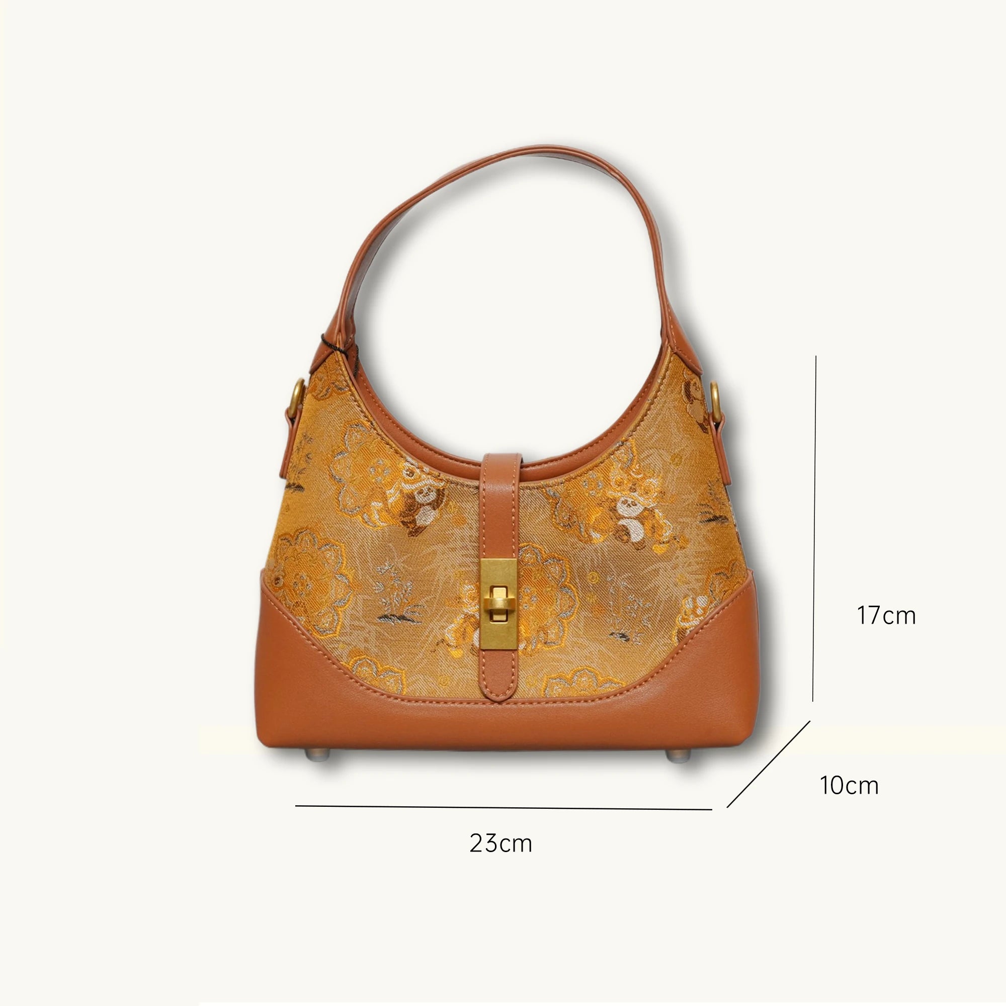 SinoCrafted golden Panda Lion Dance Song brocade shoulder bag with brown genuine leather trim