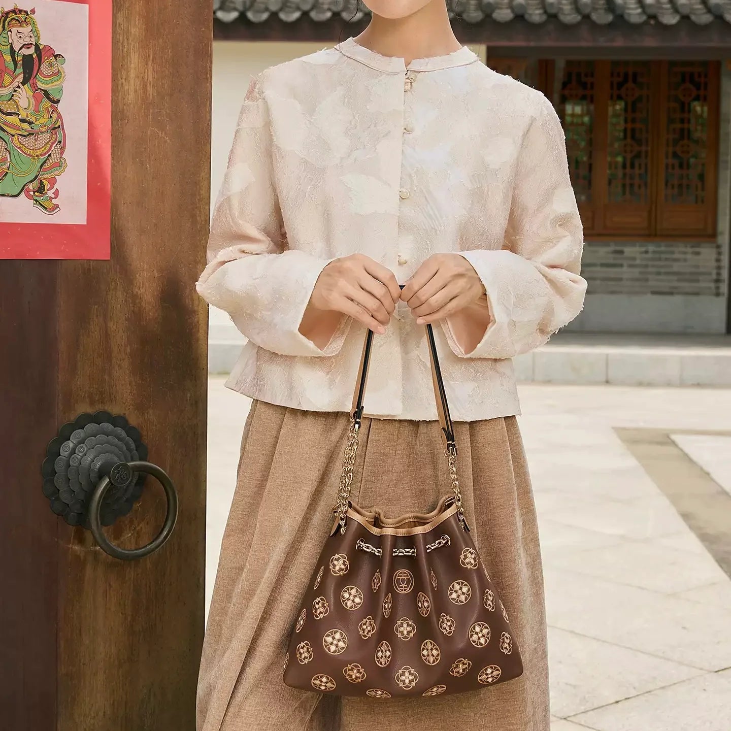 Oriental Luxury Embroidered Leather Tote Bag with Tang Dynasty Baoxiang Flower Motif