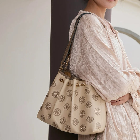 Oriental Luxury Embroidered Leather Tote Bag with Tang Dynasty Baoxiang Flower Motif