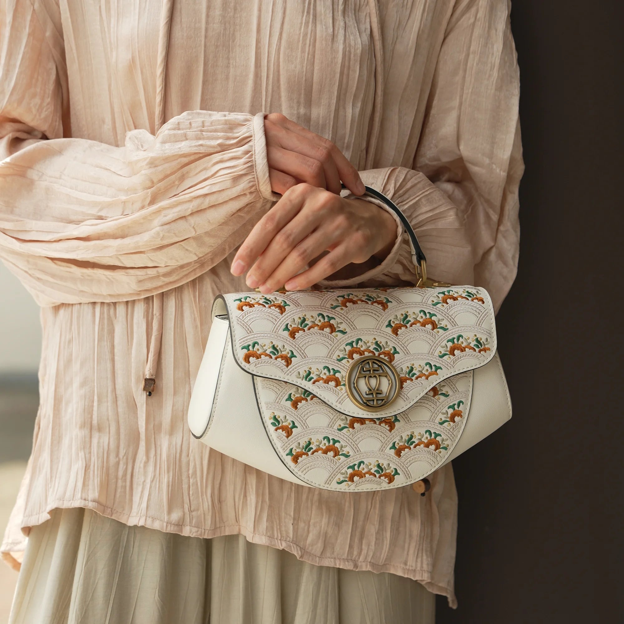 Floral Wave Suzhou Embroidered Genuine Leather Crossbody Bag