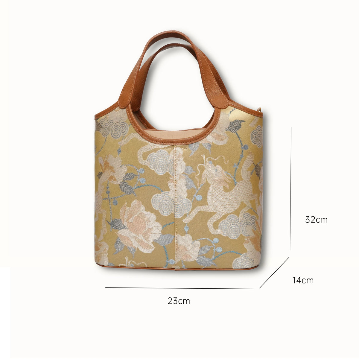 SinoCrafted golden Qilin and peony Song brocade handbag with brown leather handles