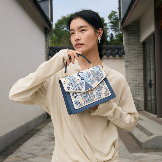 Luxury Handmade Suzhou Embroidery Leather Handbag with Geometric Pattern