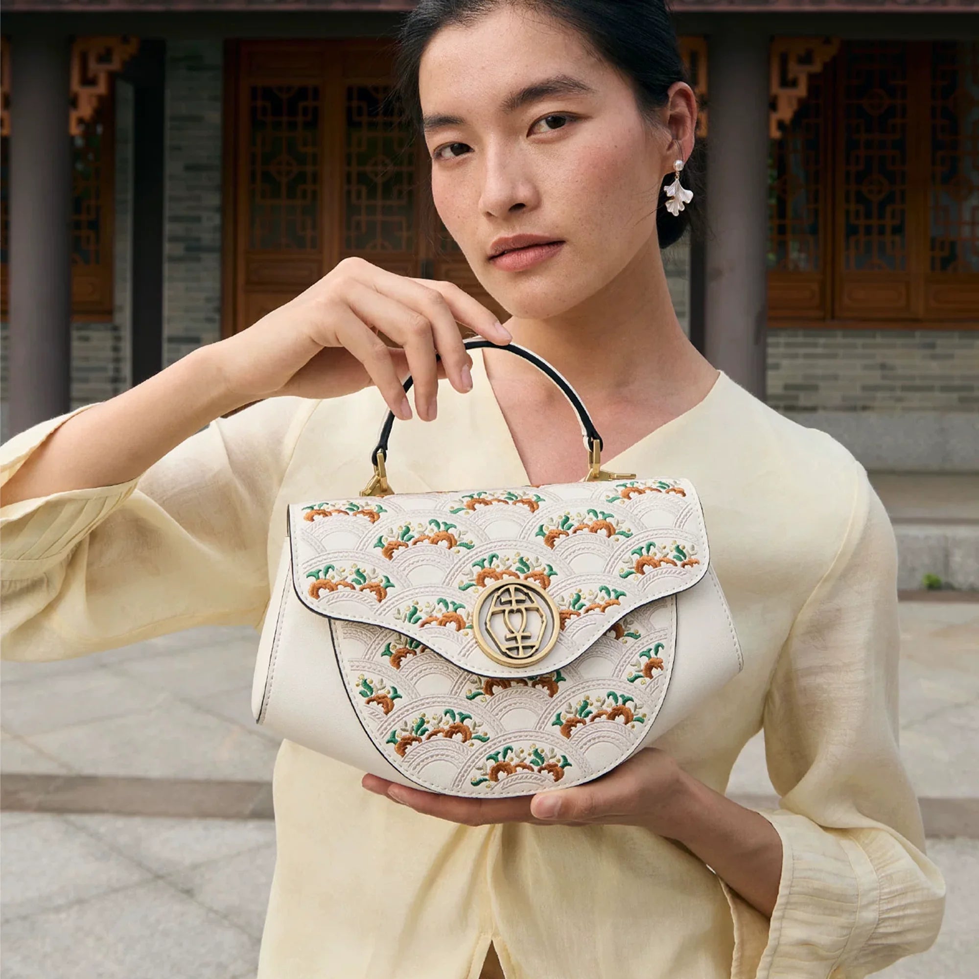 Floral Wave Suzhou Embroidered Genuine Leather Crossbody Bag
