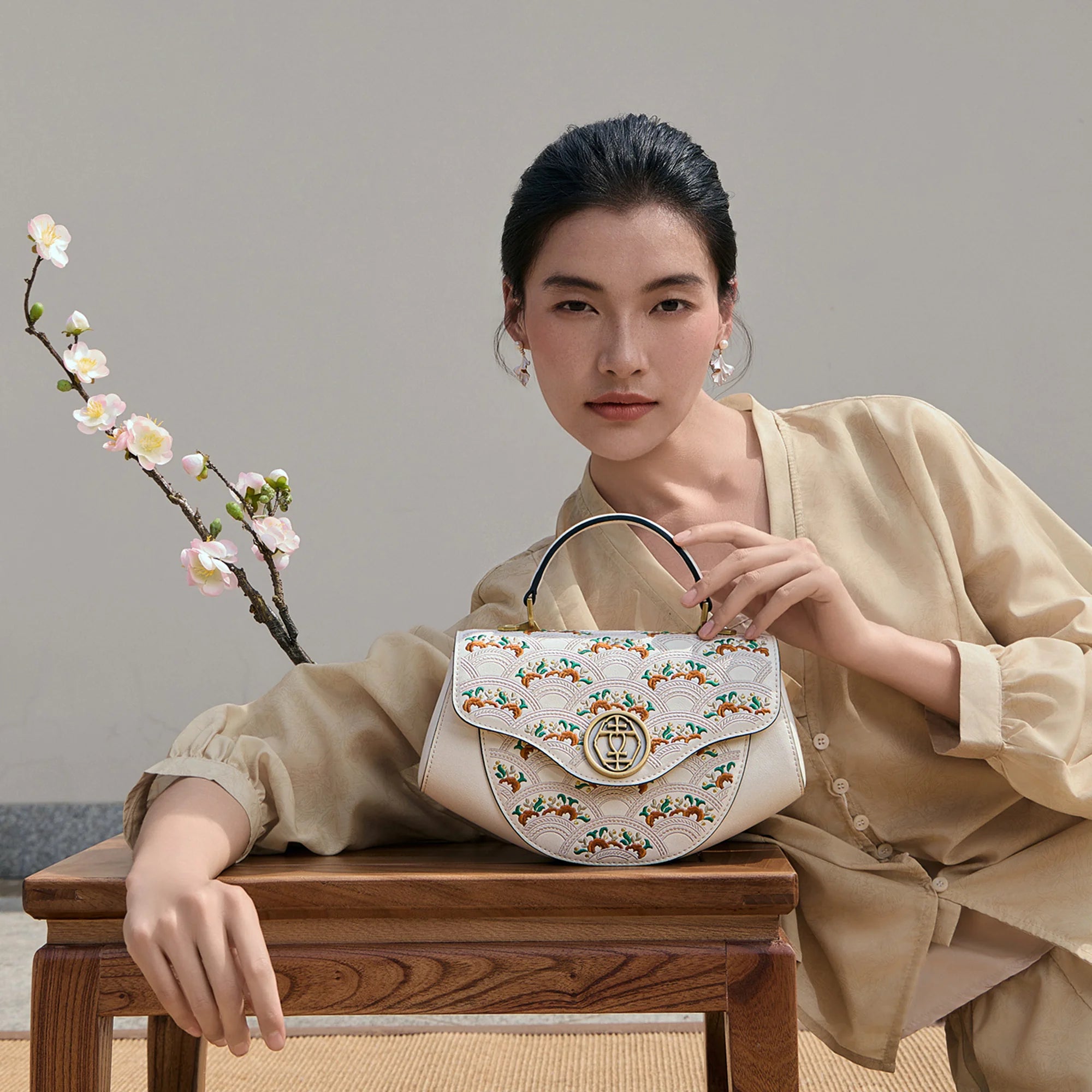 Floral Wave Suzhou Embroidered Genuine Leather Crossbody Bag