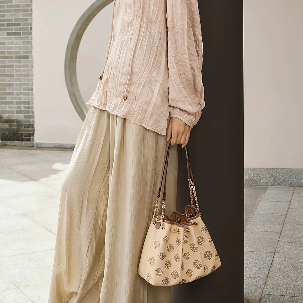 Oriental Luxury Embroidered Leather Tote Bag with Tang Dynasty Baoxiang Flower Motif