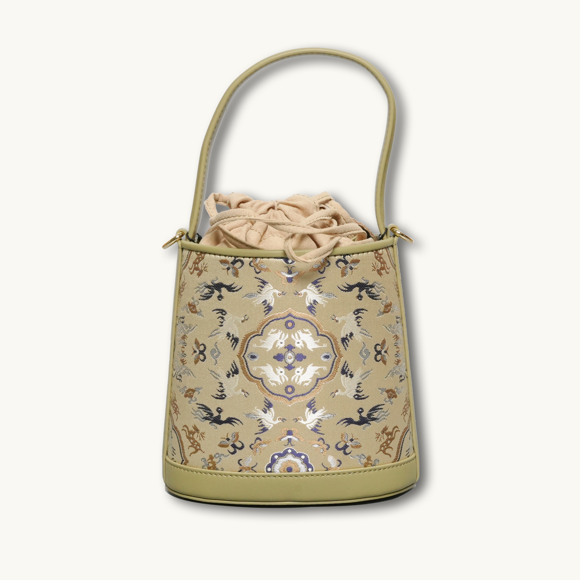 Chinoiserie Luxury Song Brocade Crane & Deer Leather Bucket Crossbody Bag