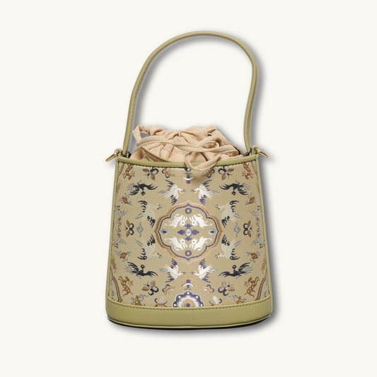 Chinoiserie Luxury Song Brocade Crane & Deer Leather Bucket Crossbody Bag