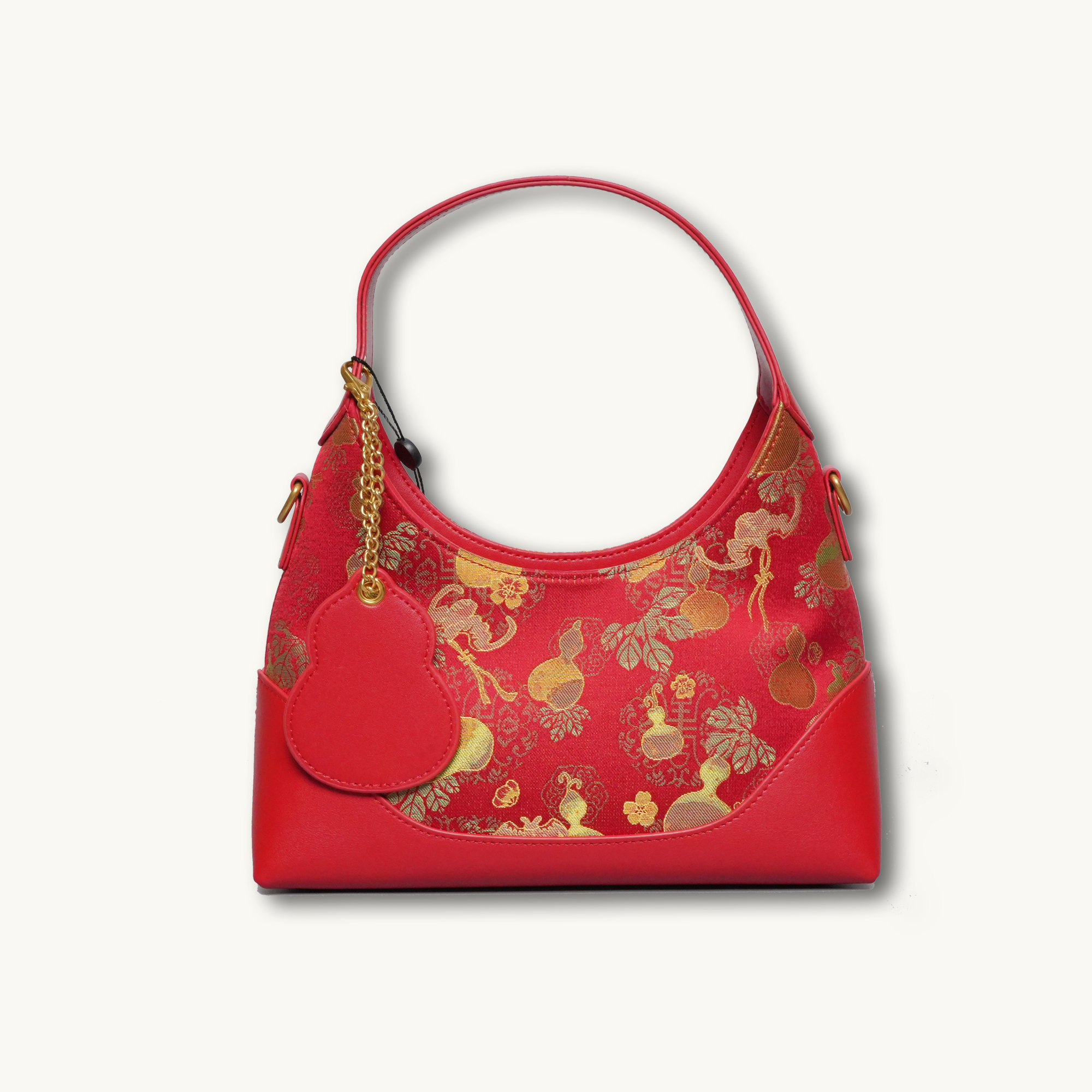 Chinoiserie Luxury Song Brocade Red & Gold Fu Lu Leather Handbag